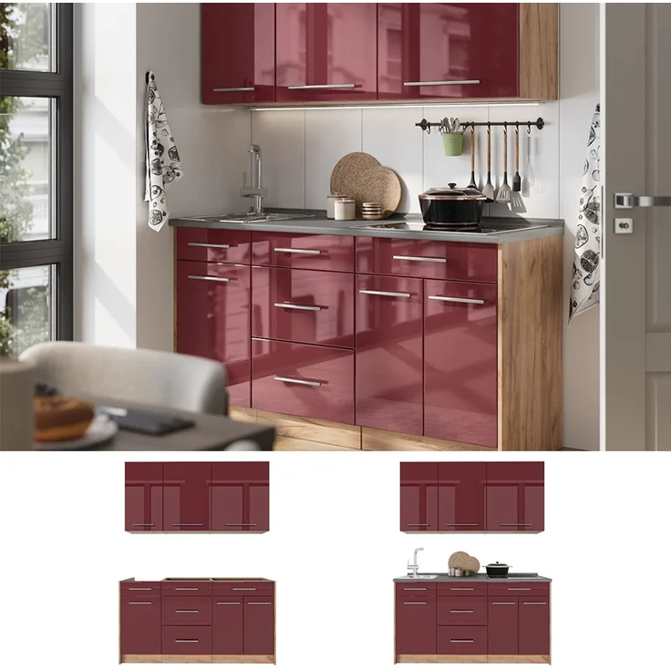 Singleküche Fame-Line Bordeaux Hochglanz/Goldkraft Eiche 150 cm, AP Marmor Vicco – Bild 5