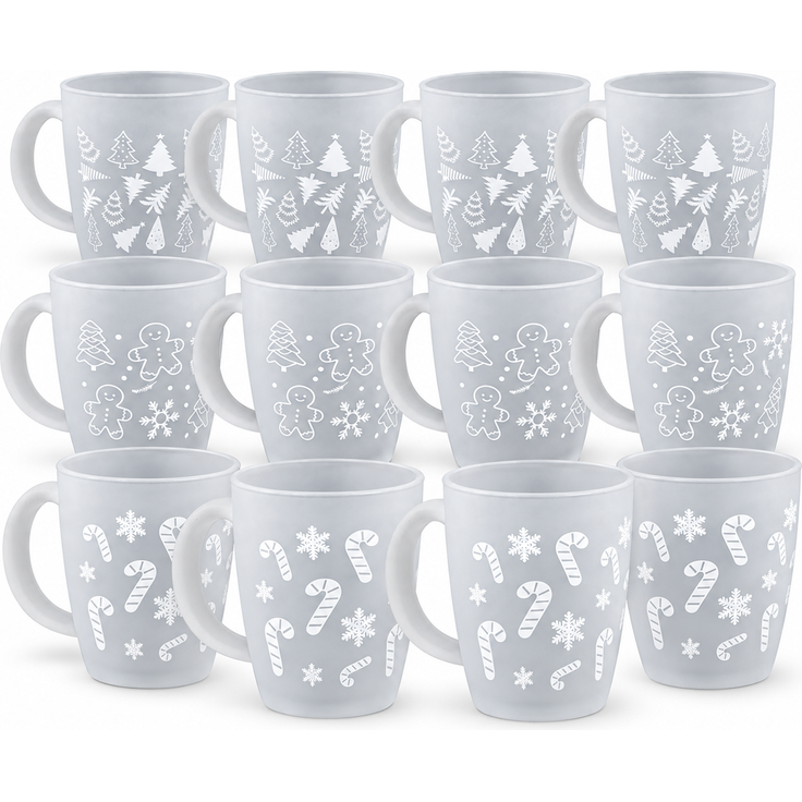 12x Weihnachts-Glastasse Frosted, ca. 300 ml, Weihnachtstasse mit verschiedenen festlichen Motiven, Weihnachtsbecher