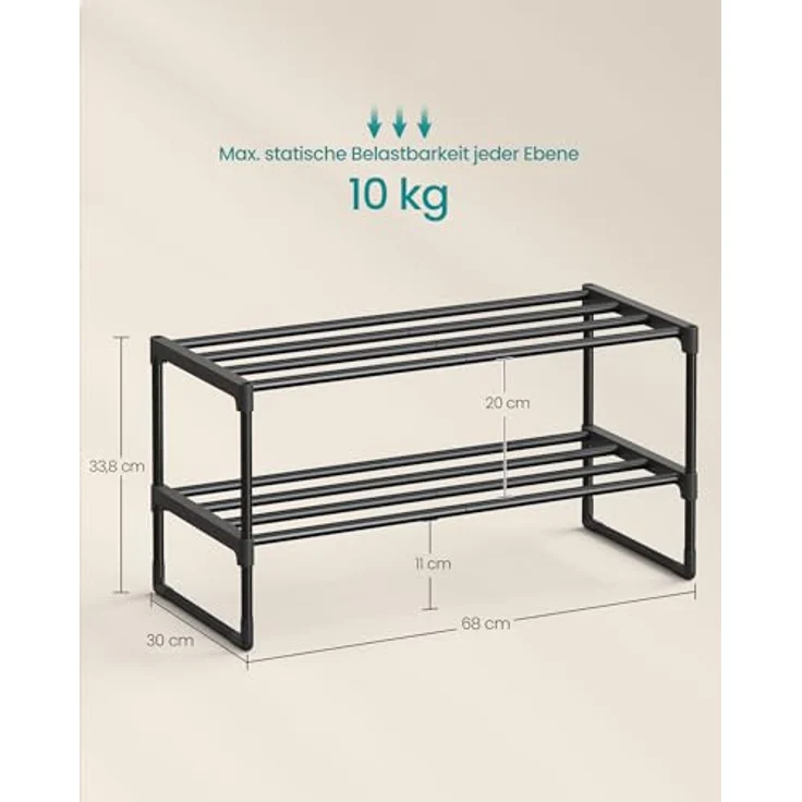 SONGMICS Schuhregal 2 Ebenen, Schuhständer Metall, Schuhaufbewahrung, Schuh-Organizer, aufrecht oder umgedreht, für 6-9 Paar Schuhe, stapelbar, Flur, 30 x 68 x 33,8 cm, schwarz LSA202B01 – Bild 4