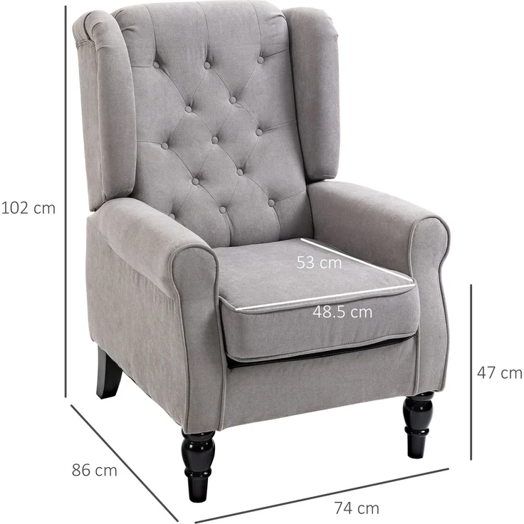 Wohnora-Sessel Ohrensessel mit Armlehnen, Loungesessel mit Kissen, Tufting, hoher Rückenlehne Armlehnensessel mit Holzbeine, Relaxsessel für Wohnzimmer, Schlafzimmer, Grau,H 102cm x T 74cm x B 86cm – Bild 4