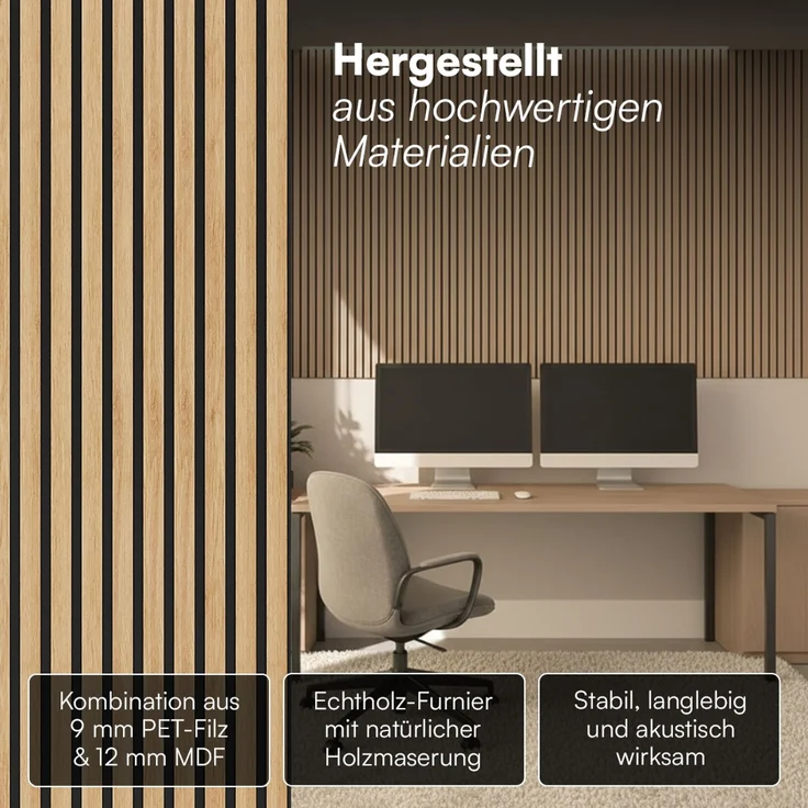 Bellamio 'Kilwa' 3D Akustikpaneele, Holzoptik Eiche, Echtholzfurnier und MDF, 110x60x2,1 cm, Wandpaneele mit Schallschutz, 4er Set – Bild 4