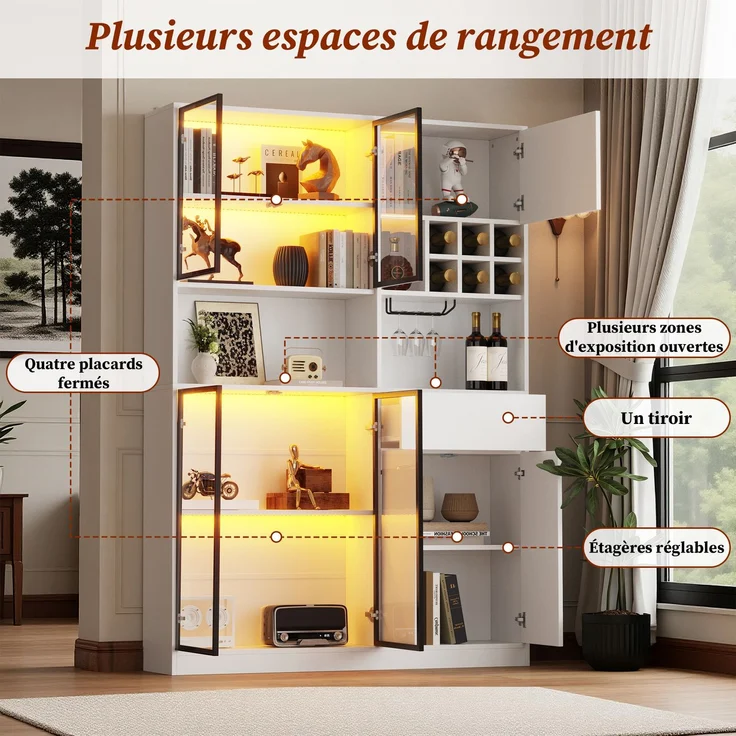 140x30x200cm Vitrine, Standvitrine mit 1 Schubladen 7 Schranktüren, Glasvitrine mit LED, Wohnzimmerschrank , Multifunktionsschrank mit 6 Weinregal,Becherhalter mit Aufhängung, Großer Schrank, Weiß--Weiß--140x30x200cm--YOUDENOVA – Bild 10