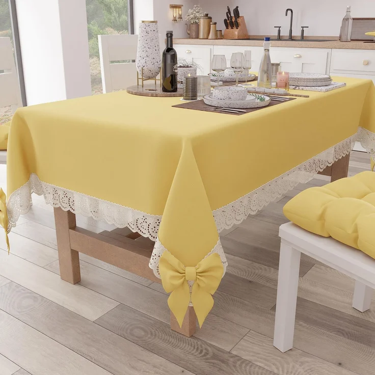 Petti Artigiani Italiani - Tischdecke, Tischdecke, Küchentischdecke, rechteckige Tischdecke mit Sangalla-Spitze und Schleifen, Tischdecke einfarbig aus Baumwolle, 12-Sitzer (140x240 cm) Gelb