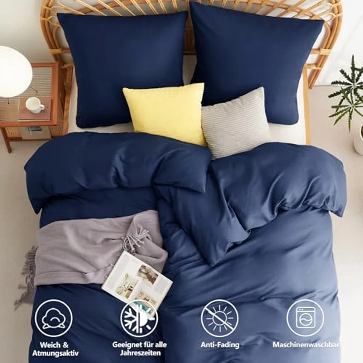 WAVVE Bettwäsche 135x200 4teilig Blau - Bettbezüge 135x200 2er Set mit Kissenbezüge 80x80 cm, Bettwäsche-Sets 135x200 cm aus Mikrofaser mit Reißverschluss Weich, Dunkelblau – Bild 8