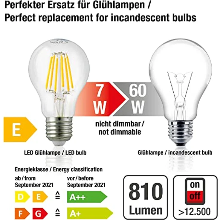 hellum LED Glühbirne E27 7W warmweiß LED Lampe mit 810 Lumen LED Filament, E27 Vintage Led Leuchtmittel ersetzt 60-Watt Glühbirne, 2700 Kelvin warmweiß Klar, 206111 – Bild 3
