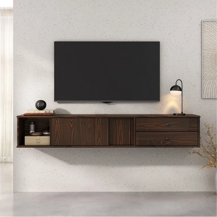 IDIMEX Lowboard SIMONA, TV Lowboard 175 cm hängend Massivholz 2 Schiebetüren Nussbaum Finish – Bild 2