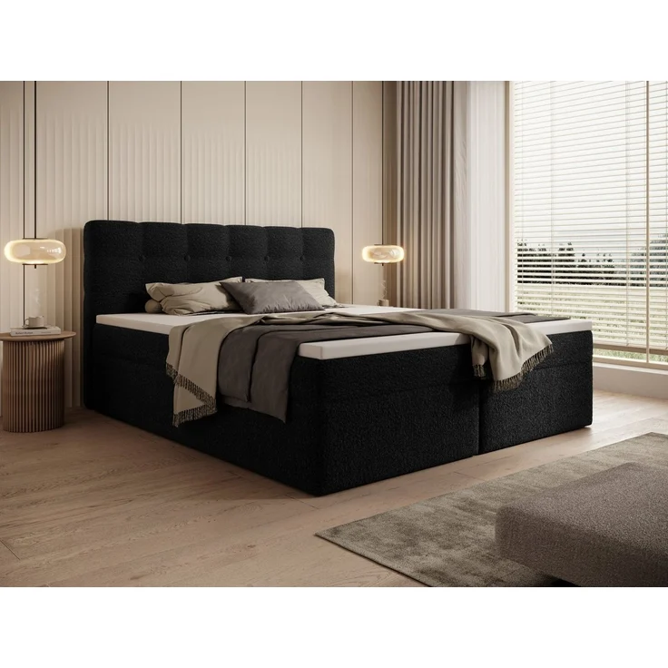 thematys Boxbett Luxus mit Bettkasten 160x200cm, mit Bonnellfederkernmatratze H3, Bouclé/Velours, mit Stauraum, mit 3 cm Topper, Schwarz (Frotte 14), Art.-Nr. S0WGG0AN04E – Bild 3