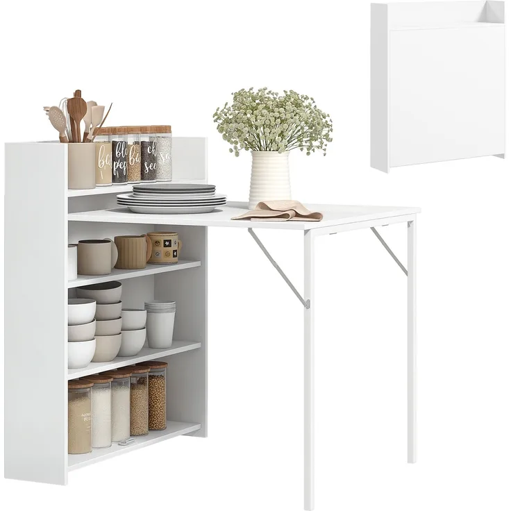 MELAYR, Klappbarer Esstisch, für kleine Räume geeignet, mit 4 diskreten Regalen, 91 x 78.5 x 93 cm, Weiß