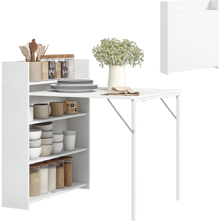MELAYR, Klappbarer Esstisch, für kleine Räume geeignet, mit 4 diskreten Regalen, 91 x 78.5 x 93 cm, Weiß – Bild 1