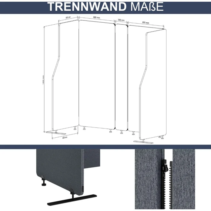 Akustik-Trennwand mit Schalldämmung PEOLT - 145x260x1,8cm Anthrazit | Stellwand Büro Raumteiler Office-Akustikwand Sichtschutz freistehend – Bild 2