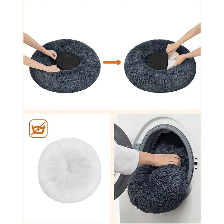 Feandrea Hundebett flauschig, Katzenbett, Donut Kissen, waschbar, Polsterung in der Mitte herausnehmbar, langer Plüsch, 60 cm Durchmesser, dunkelgrau – Bild 4