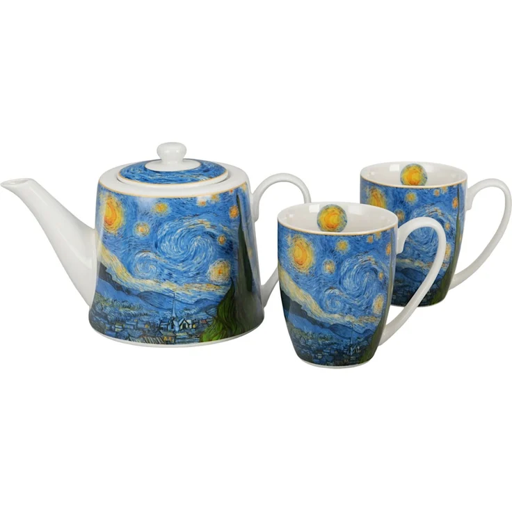 DUO ART GALLERY Teekanne mit 2 Bechern und Teesieb STARRY NIGHT inspired by Van Gogh, New Bone China Porzellan – Bild 1