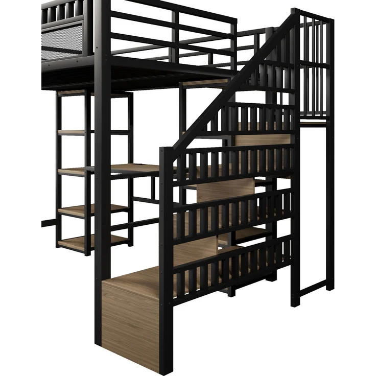 EINHOM Hochbett, 140 x 200 cm, Eisenrahmen, Ablagefach, Leiter mit Stauraum, Schreibtisch, LED-Lichtleiste, USB-Anschluss Inklusive, Schwarz (Ohne Matratze) – Bild 7