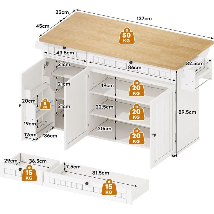 Küchenwagen 137×70×89,5 cm MDF klappbar Arbeitsfläche Schubladen Rollen Stauraum Küche Esszimmer,Weiß & Natur – Bild 8