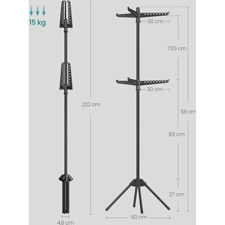 SONGMICS Wäscheständer, Standtrockner, 6 drehbare Arme für Kleiderbügel, 4 Beine, klappbar, für Innenbereich, Edelstahl, für Kleidung und Socken, 191 cm hoch, schwarz LLR514B01 – Bild 5