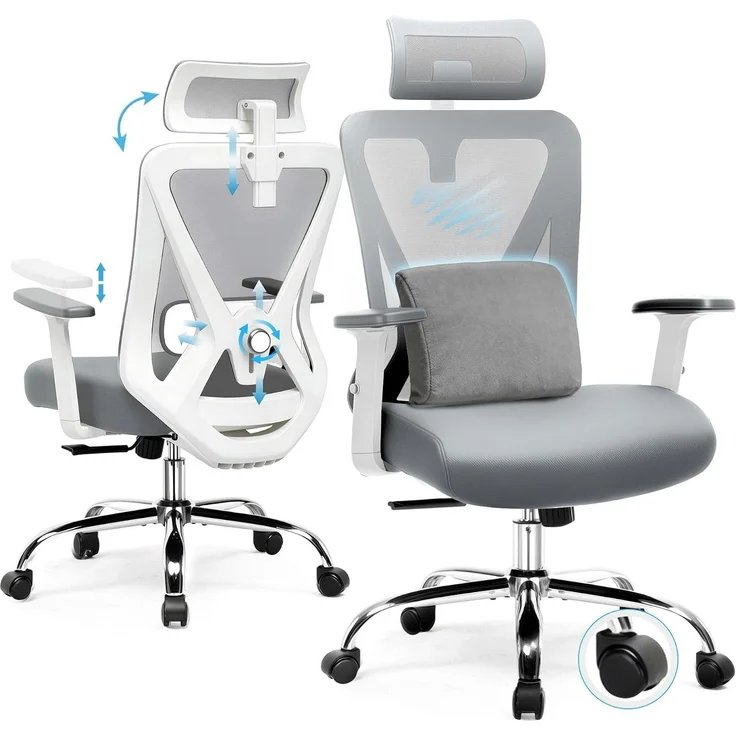 COMHOMA Bürostuhl Ergonomisch [TESTSIEGER], Schreibtischstuhl mit 3D-Kopfstütze & 3D-Lendenwirbelstütze, verstellbare Armlehnen, Office Chair mit Wipp- und Kippfunktion,Belastung bis 150KG, Grau – Bild 1