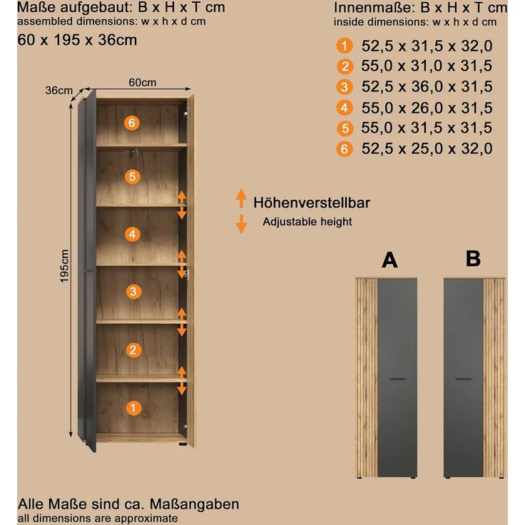 'Esteban' Garderobenschrank / Schuhschrank, Holz, grau und Eiche Evoke, 195 x 36 x 60 cm – Bild 3