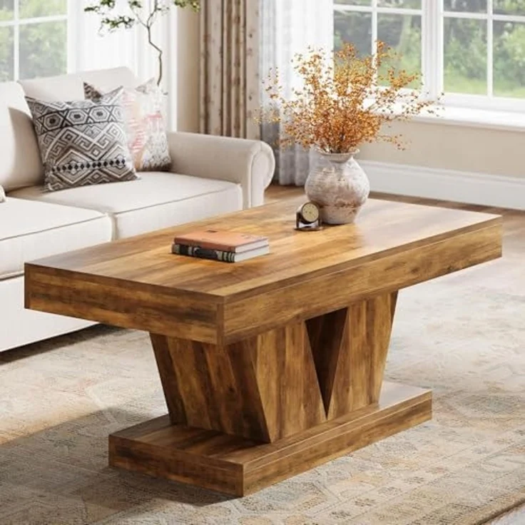 LITTLE TREE Rechteckiger Couchtisch, Rustikales Braun, 120 x 60 x 51 cm, Mid-Century Holz mit Skulpturalem Fuß, Landhausstil Wohnzimmermöbel – Bild 1