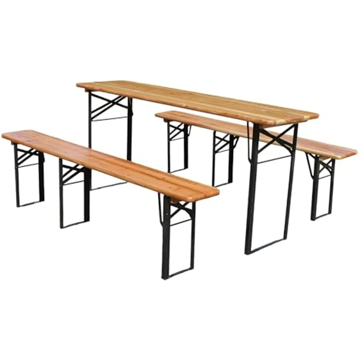 Ball & Cast Bierzeltgarnitur 3-teilig, Biertisch Klapptisch mit 2 Sitzbänken, Camping Tisch faltbar, Wetterfester Kiefer Massiv, Natur, 175 cm – Bild 8