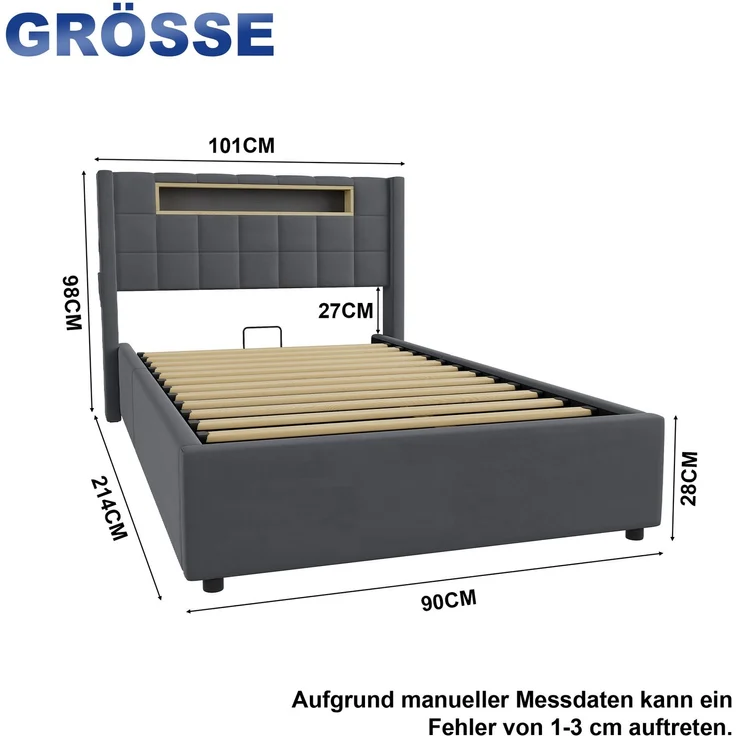 Polsterbett 90x200 cm mit hydraulischem Stauraum, LED-Beleuchtung und USB-Anschlüssen – Ohne Matratze – Bild 4