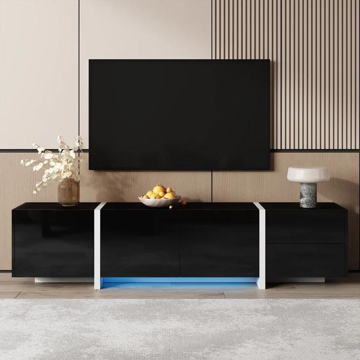 Eleganter TV-Ständer mit hochglänzendem Schwarz und weißen Beinen – 170 x 30 x 39 cm, 170x30x39 cm – Bild 4