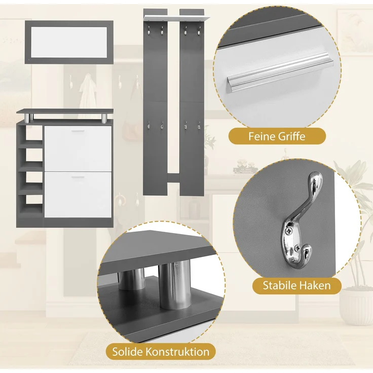 Wandgarderoben-Set 80 x 25 x 96.5 cm, inkl, Spiegel, 2 Wandpaneelen, einer Regalwand und einem Schuhschrank, Korpus anthrazitgrau matt, Flurmöbel, Flurtrockenständer, Flurgarderobe, Schuhwechsler-Set,--Grau, Weiß--91x50.5x19cm--YOUDENOVA – Bild 4