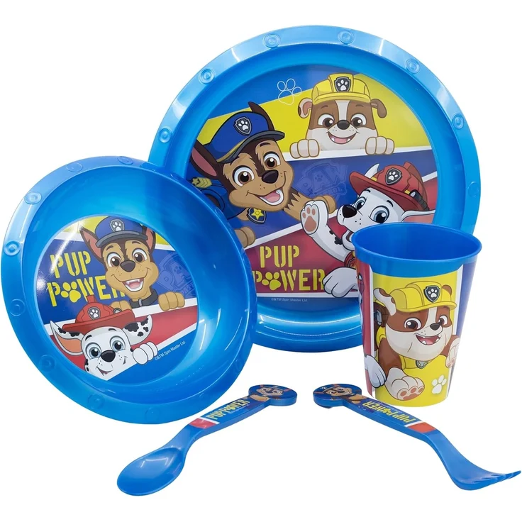 Kunststoff Kindergeschirr Set (5 tlg.) Schüssel, Teller, Becher & Besteck Paw Patrol – Bild 1
