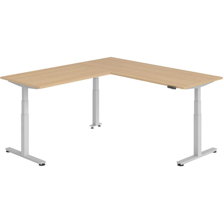 bümö Eckschreibtisch elektrisch höhenverstellbar L-Form: 200 x 220 cm in Eiche, Gestell silber - Stehschreibtisch mit Memory-Steuerung, elektrischer XXL Schreibtisch für die Ecke, XDSMW-2014-E-S – Bild 1