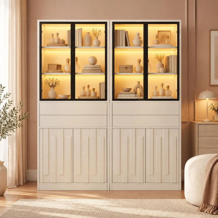 Vitrinen-Set 140 x 34 x 180 cm in Weiß mit Glastüren, Schubladen und LED-Beleuchtung – Bild 3