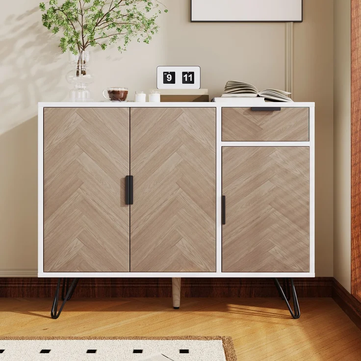 Aufbewahrungsschrank Weiss Holzoptik 90x30 cm mit Schublade und 3 Türen Metallfüße Schwarz Regal Sideboard für Wohnzimmer Flur – Bild 1