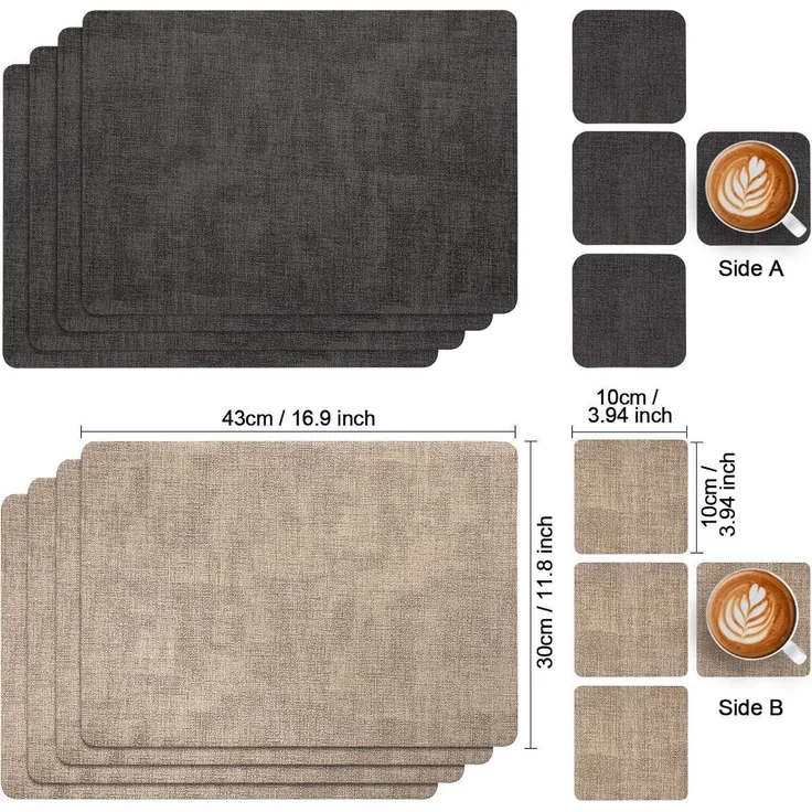 Myir JUN Tischsets Leder Platzdeckchen 6er Set abwaschbar Kunstleder Grau Beige – Bild 2