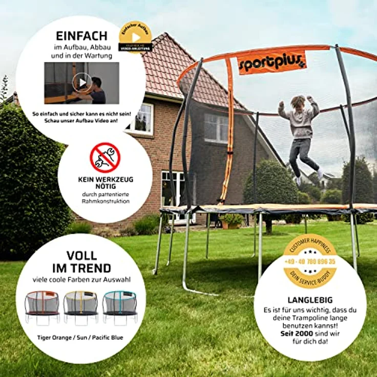 SportPlus Trampolin SP-T-305 / SP-T-366, Garten-Trampolin mit gepolsterten Stangen, innenliegendem Sicherheitsnetz, extra sicherer Randabdeckung, angenehmer Federung, Tiger Orange / Sun / Pacific Blue – Bild 6