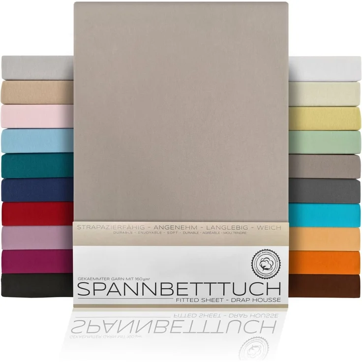 Beautex Spannbettlaken, Gummizug: rundum, (1 Stück), gekämmte Baumwolle Premium Jersey, 160g/m², Stein, Topper - 90 x 200 x 15 cm – Bild 1