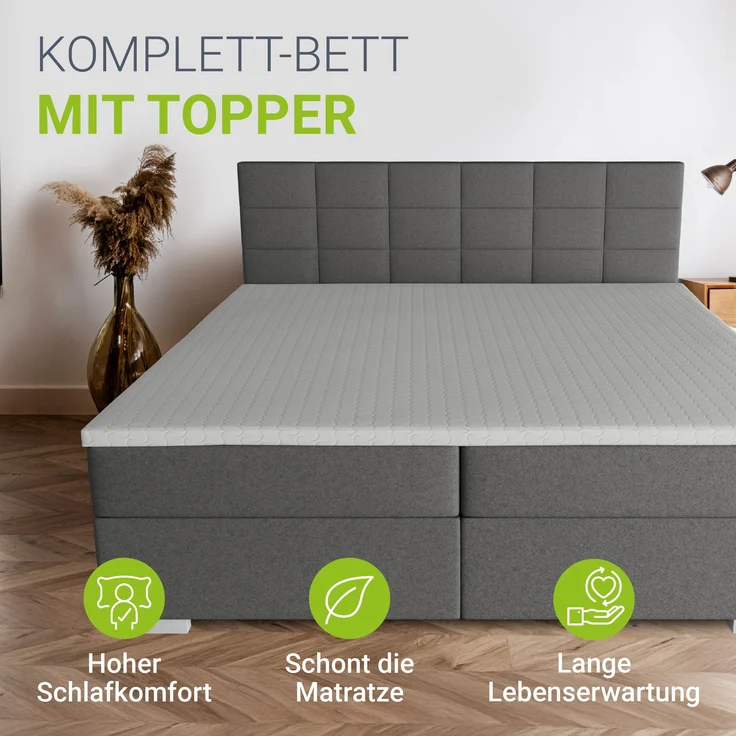 Juskys 'Seattle' Boxspringbett - hoher Komfort, weicher Malmo-Stoff, komfortable Einstiegshöhe, gepolstertes Kopfteil, inkl. Topper - Hellgrau, 180x200 cm – Bild 3