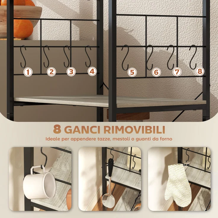 4-stöckiges Küchenregal mit Gitterwänden und 8 Haken im Industrial-Stil, 60 x 42 x 134,5 cm, Eiche – Bild 7