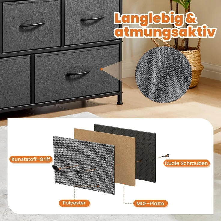 Sweetcrispy Kommode,TV Schrank Stand für Schlafzimmer mit 5 Stoffschubladen,Sideboard Wohnzimmer für 115cm TV,Einstellbare Füße Schubladenschrank,Komodenschrank für Schlafzimmer,Modernes Grau – Bild 5
