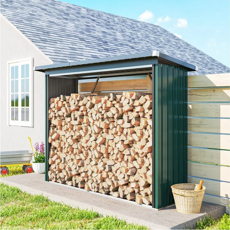 Outsunny Kaminholzregal-Erweiterung mit Pultdach, BxTxH:213x66.5x150 cm, (Brennholzunterstand, 1-St, Kaminholzunterstand), für Kaminholz Grün – Bild 1