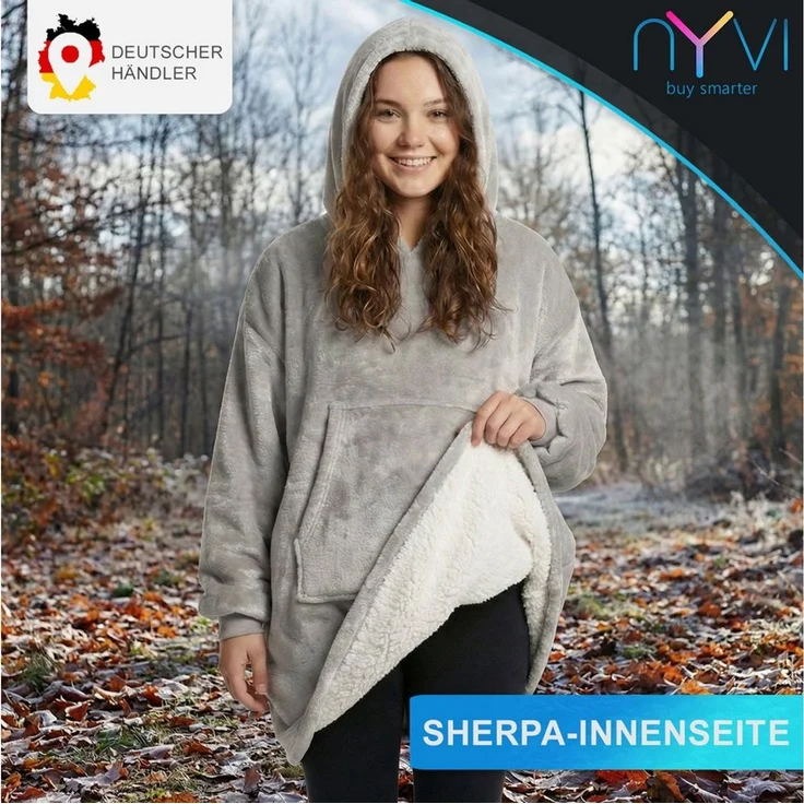 Wohndecke IamFlauschi Hoodie Decke mit Ärmeln, Kapuze und Kängurutasche, NYVI, Tragbare Flanell Decke zum Anziehen für Erwachsene & Jugendliche – Bild 1