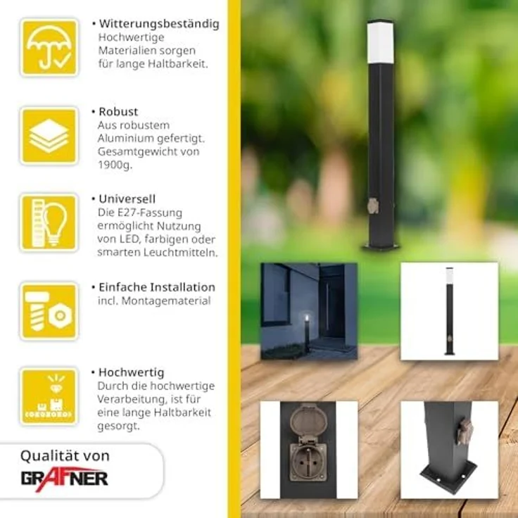 Grafner Außen-Stehlampe Wegleuchte Standleuchte 100cm WL10799 mit 2 Steckdosen, ohne Leuchtmittel, Steckdose – Bild 2
