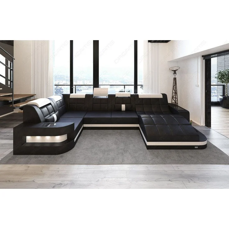 Mini Relax Wohnlandschaft Wave mit LED – Komfort - Ledermix - Schwarz-Weiß - Rechts – Bild 2