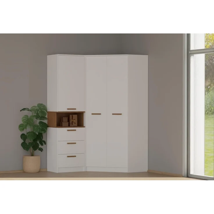 Marmex Möbel Grant 08N Eckkleiderschrank mit Kleiderstangen und Einlegeböden, laminierte Spanplatte, weiß, 91x195x91 cm – Bild 6