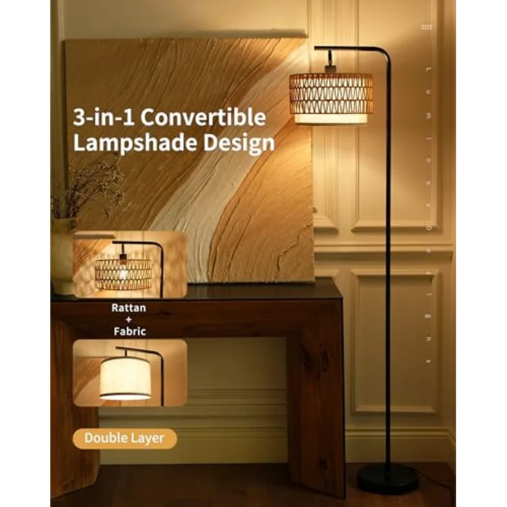 LuminexDesigns Rattan Stehlampe Boho für Wohnzimmer, Vintage Rustic E27 Stehleuchte Schlafzimmer mit Doppel-Lampenschirm, 173 cm Hoch, Schwarz, Schwer Standfuß, Verstellbarer Lampenkopf, Fußschalter – Bild 2