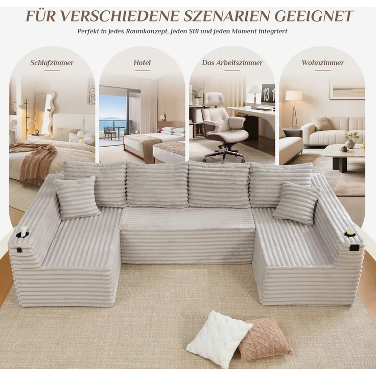 U-Sofa 320 x 155 x 88 cm aus Cord in Hellgrau – modulares Sofa mit Getränkehalter und Seitentasche – Bild 6