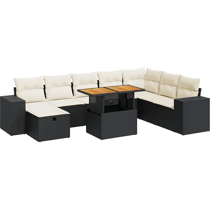 vidaXL 9-tlg. Garten-Sofagarnitur mit Kissen Schwarz Poly Rattan 3328099 – Bild 1