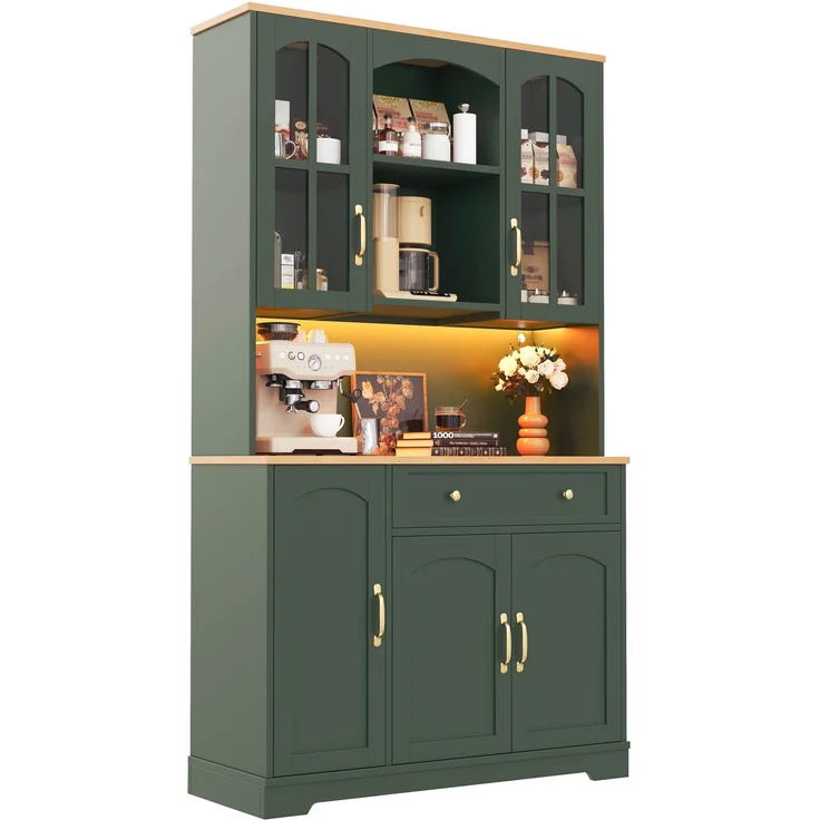 Küchenhochschrank 100 x 38 x 176 cm aus MDF in Graugrün mit Glastüren und LED-Beleuchtung – Bild 7