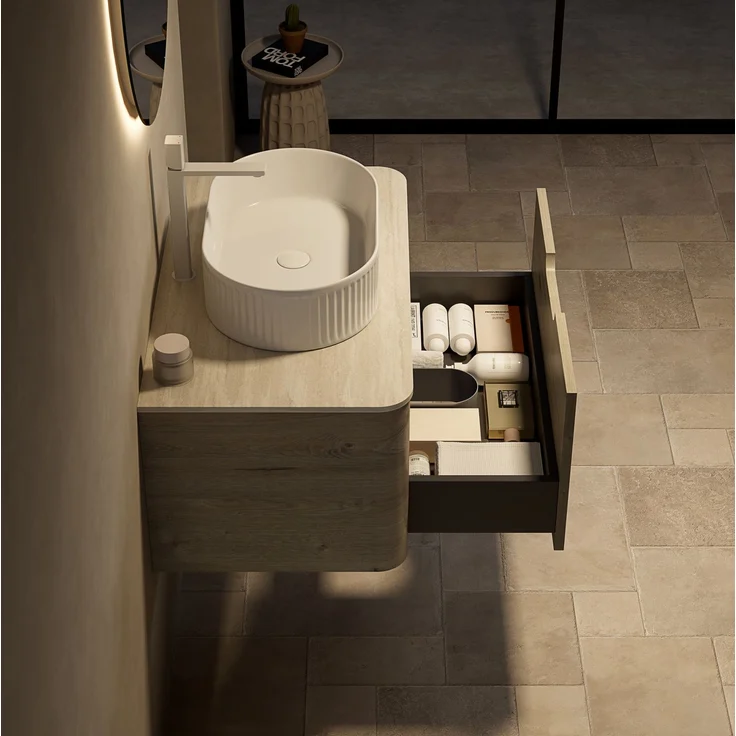Badezimmer-Waschtisch 80 cm mit ovalem Keramikbecken, Sintersteinplatte und Soft-Close-Schublade – Bild 2