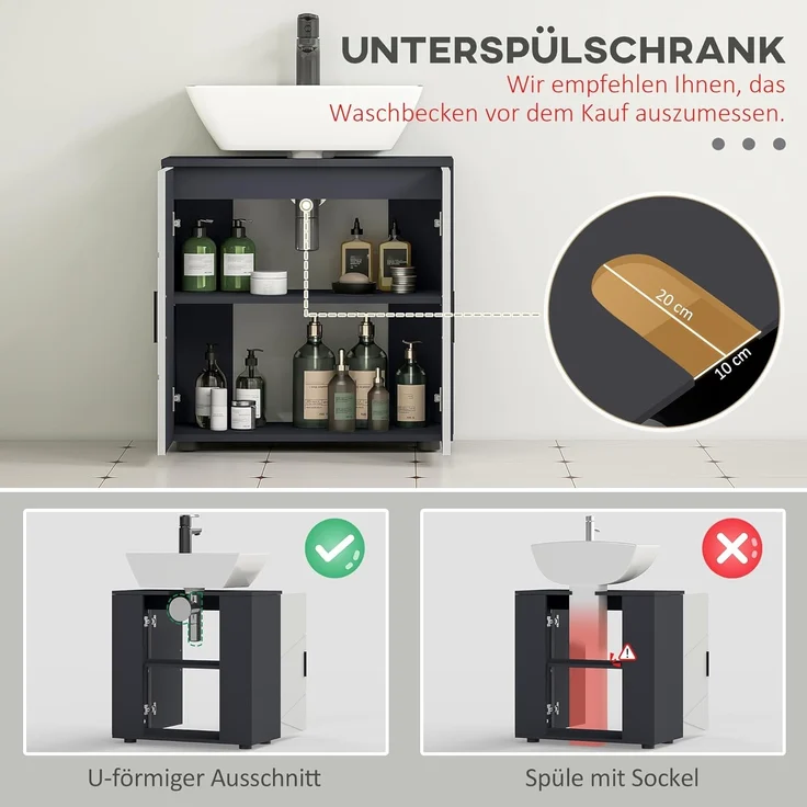 Kleankin Waschbeckenunterschrank mit Verstellbarer Ablage, Waschtischunterschrank mit Griff, (Unterschrank, 1-St, Badunterschrank) mit Kippschutz, Grau, 60 x 30 x 60 cm – Bild 4