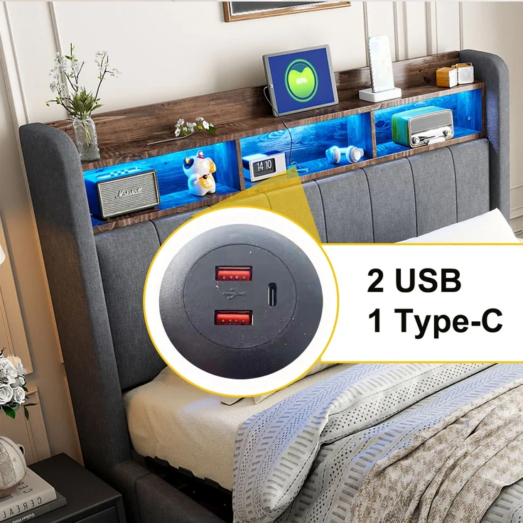 Polsterbett 180*200cm mit LED-Beleuchtung und USB-Steckdose, Kopfteil mit Einlegeböden und Stauraum, Mit Hydraulik für die Lagerung, Erwachsenenbett Doppelt, Leinenstoff Grau – Bild 6