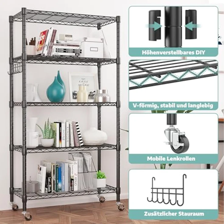 Himimi 5-Draht-Regal mit Rollen, Metall-Aufbewahrungsregal, höhenverstellbar, stehendes Aufbewahrungsregal für Waschküche, Badezimmer, Küche, Speisekammer, Schrank, 76 x 35 x 158 cm, Schwarz – Bild 6