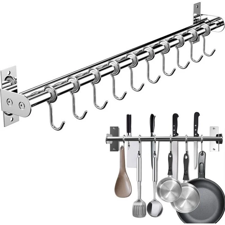 SURFOU Hakenleiste Küche Doppelte Edelstahlstange Küchenleiste mit 12 Haken &Messerhalter, (Hängeleiste Küchenreling, Edelstahl Doppelrohr, Küchenhakenleiste, Multifunktionale Hängeschiene mit Topfdeckel- & Messerhalter - 60 cm Topfi Topfdeckelhalter, ... – Bild 4